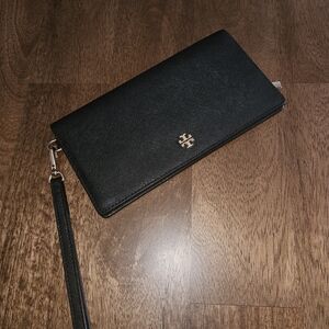Tory Burch Black Saffiano Wristlet with Gold Logo Accent